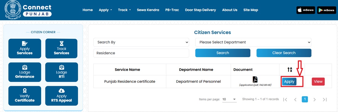 Apply for Residence Certificate in Punjab