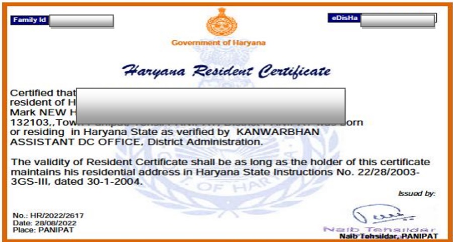 Specimen of Haryana Resident Certificate