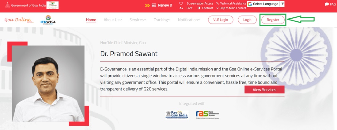 Register on Goa Online District Portal