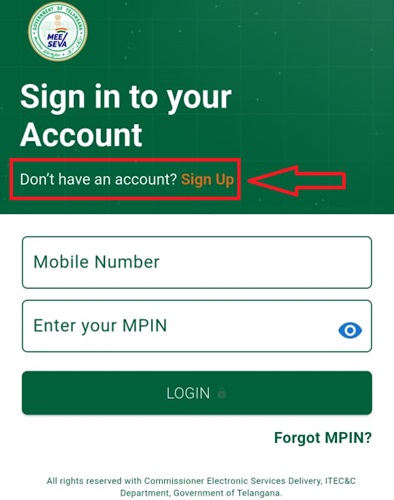 Sign Up on Telangana MeeSeva Mobile App