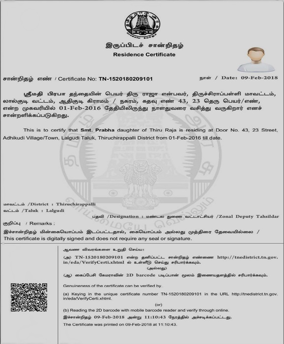 Specimen of Tamil Nadu Residence Certificate