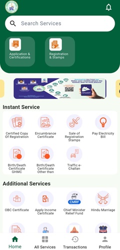 Telangana MeeSeva Mobile App Dashboard