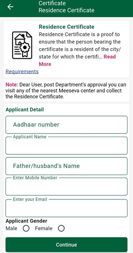 Telangana Residence Certificate Mobile Application Form